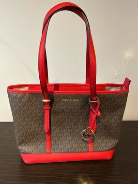 Michael Kors Brown Signature Tote with Red Trim